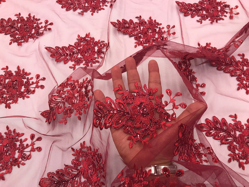 Burgundy french flower design embroider and corded with sequins on a mesh lace-wedding-beidal-prom-nightgown-dresses-sold by the yard.