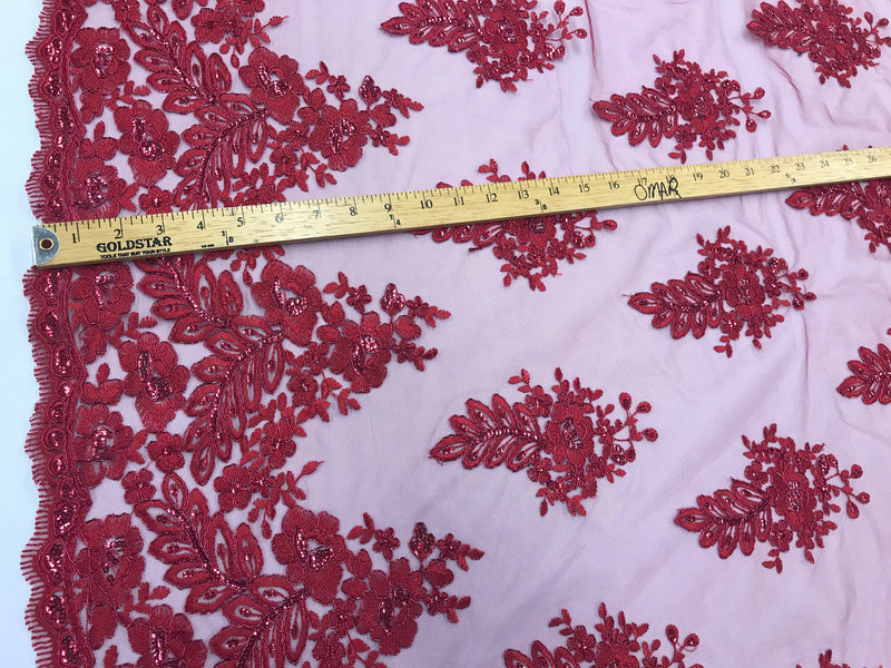 Burgundy french flower design embroider and corded with sequins on a mesh lace-wedding-beidal-prom-nightgown-dresses-sold by the yard.