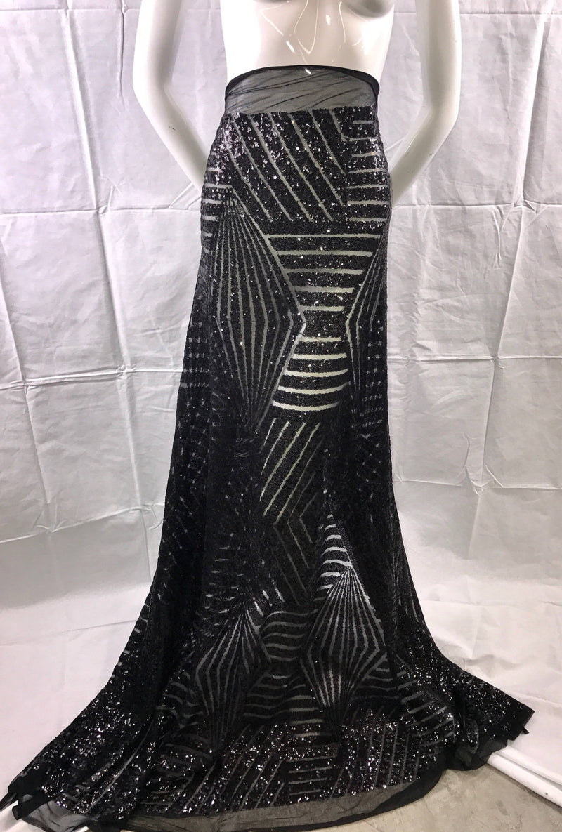 Black geometric sequins design embroider on a black mesh. Wedding/Bridal/Prom/Nightgown fabric. Sold by the yard.