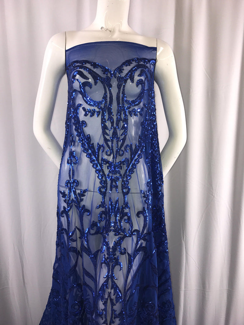 Royal blue damask design embroider with sequins on a 2 way stretch mesh-prom-nightgown-dresses-decorations-sold by the yard.