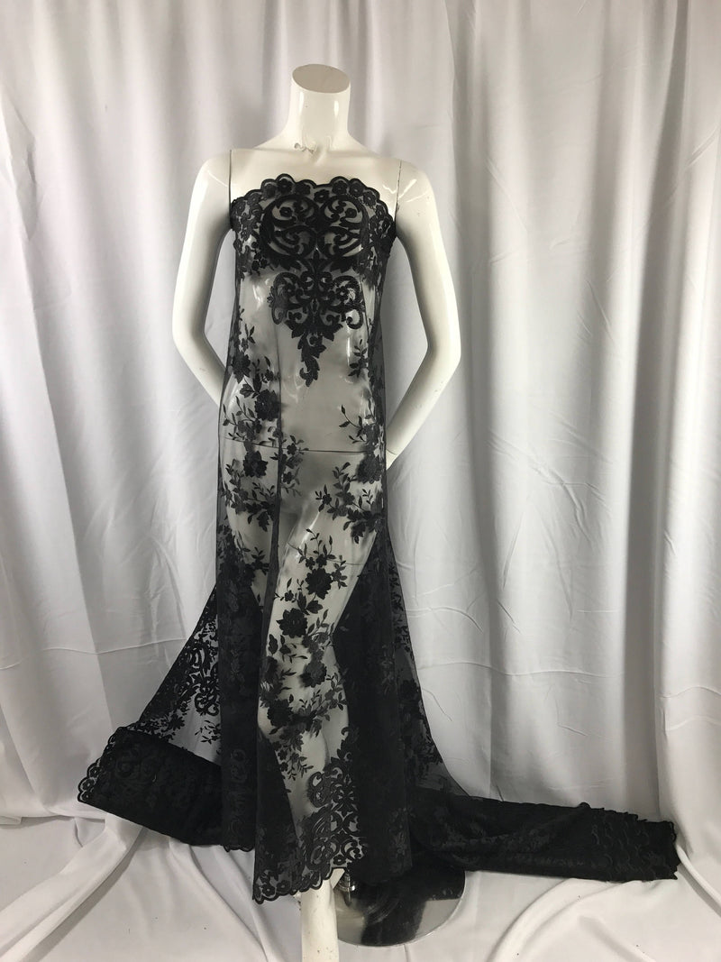 Black flowers embroider on a 2 way stretch mesh lace. Wedding/bridal/Prom/Nightgown fabric-dresses-fashion-apparel-Sold by the yard.