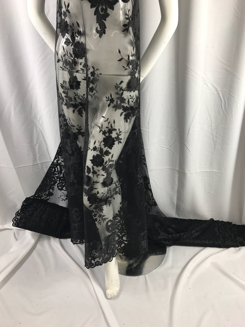 Black flowers embroider on a 2 way stretch mesh lace. Wedding/bridal/Prom/Nightgown fabric-dresses-fashion-apparel-Sold by the yard.