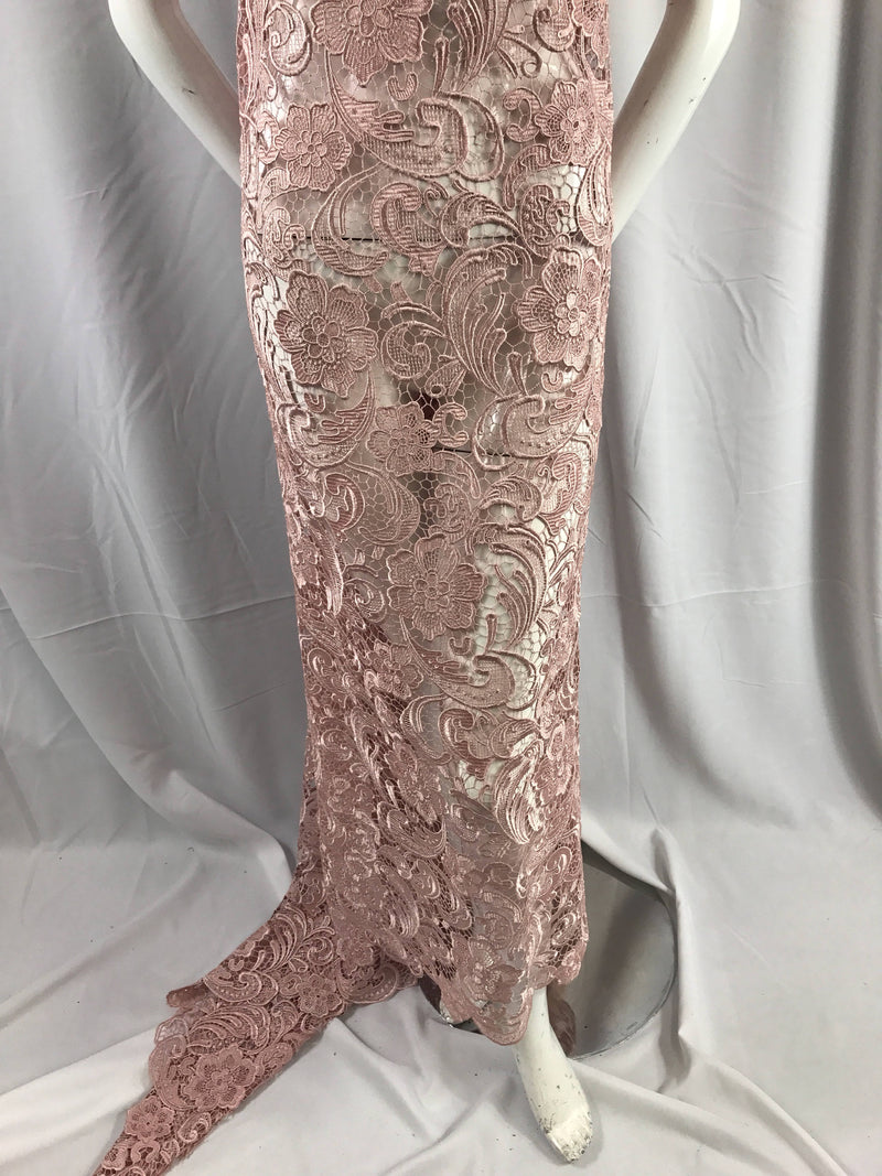 Fascinating dusty rose light weight guipure design-prom-nightgown-decorations-apparel-fashion-dresses-sold by the yard.