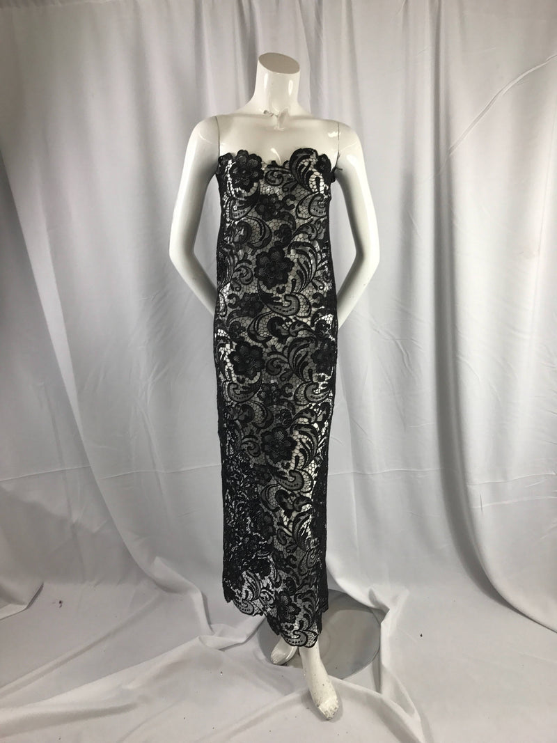 Black classy flower guipure design-prom-nightgown-decorations-apparel-fashion-dresses-sold by the yard.