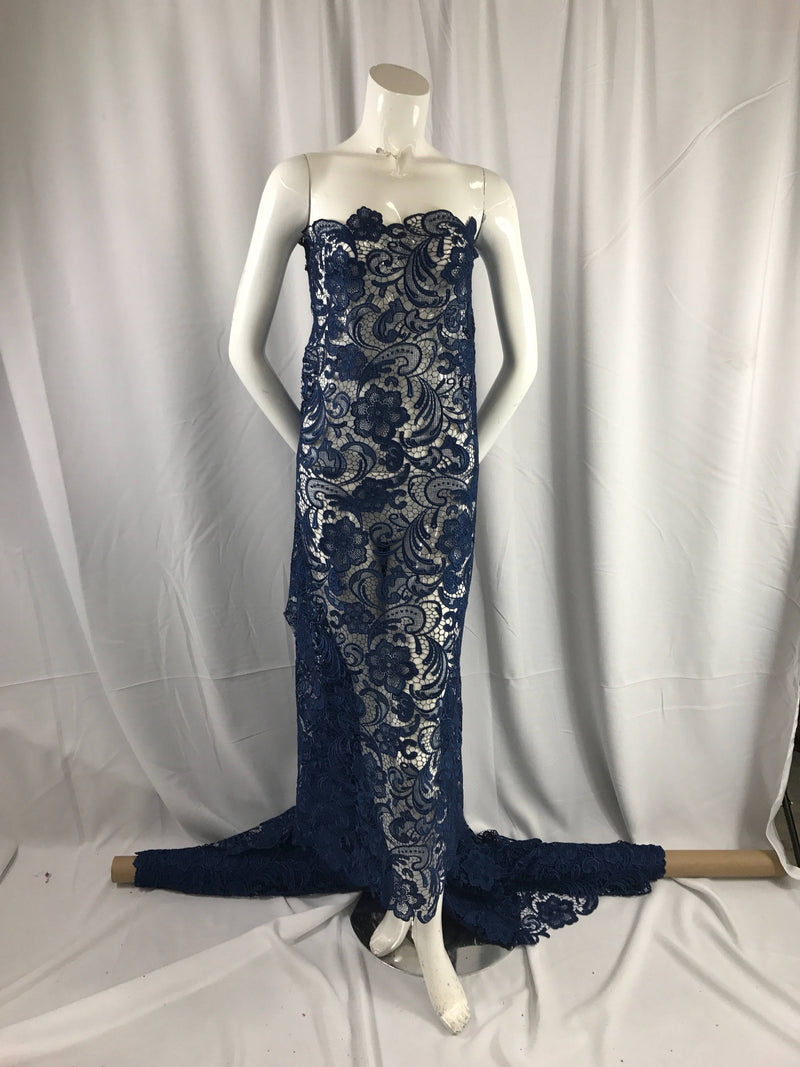 Fascinating navy blue light weight guipure design-prom-decorations-nightgown-apparel-fashion-dresses-sold by the yard.