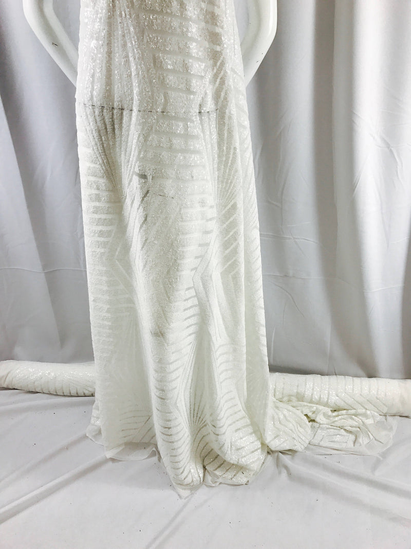 Off White geometric design embroidory with sequins on a white mesh-dresses-fashion-apparel-nightgown-decorations-sold by the yard.