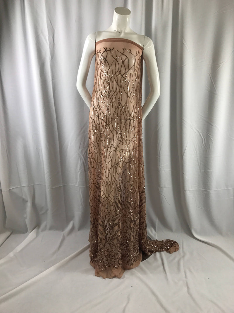 Dazzling light brown fashion tree emrboider with sequins on a mesh lace-prom-nightgown-decorations-dresses-fashion-sold by the yard