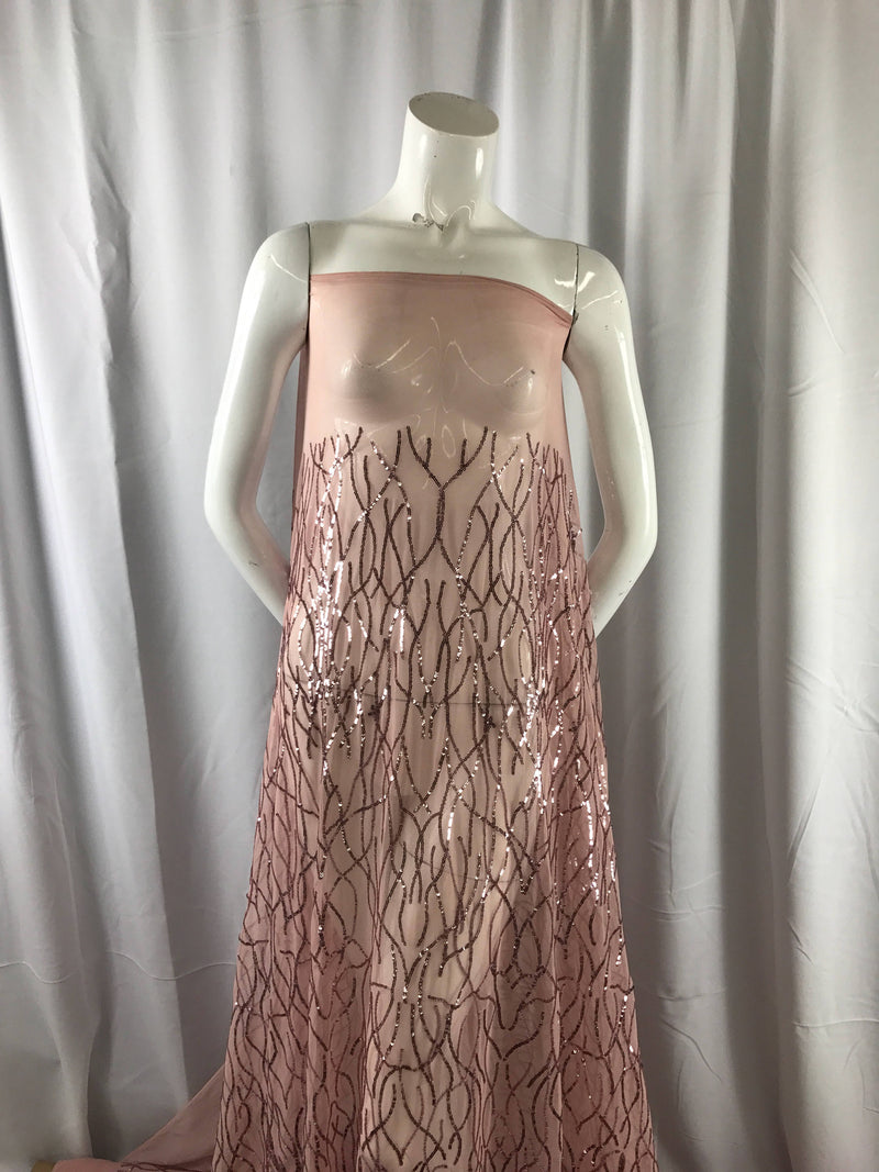 Dazzling Dusty Rose fashion tree Embroider with Sequins on a mesh lace-prom-nightgown-decorations-dresses-apparel-fashion-sold by the yard