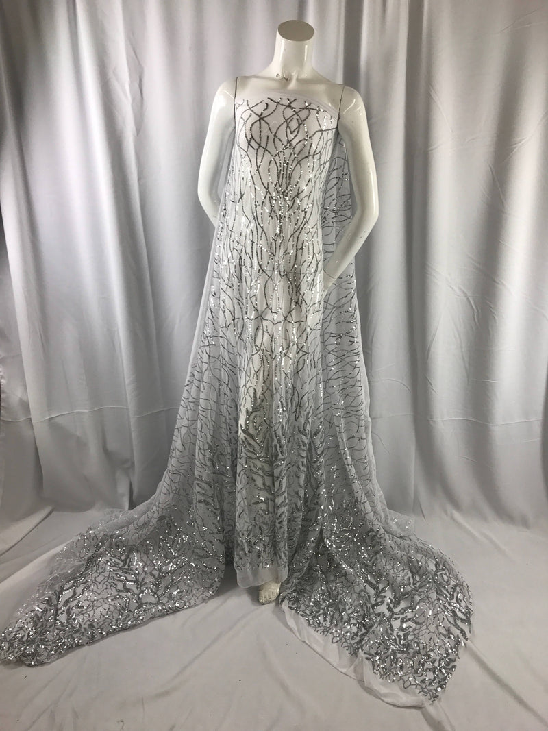 Dazzling White silver fashion tree Embroider with sequins on a mesh lace-prom-nightgown-bridal-decorations-dresses-sold by the yard