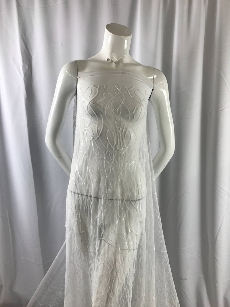 Dazzling white fashion tree embroider with sequins on a mesh lace-prom-nightgown-decorations-sold by the yard