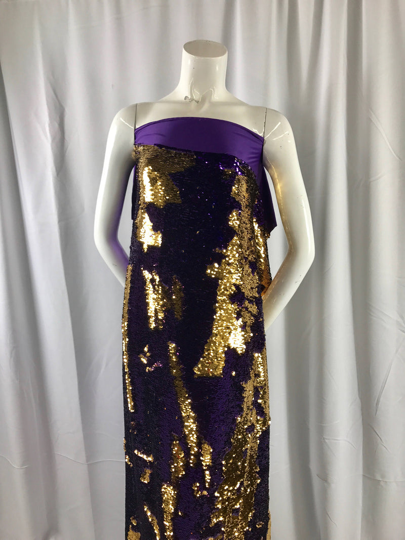 Purple/ gold hologram mermaid fish scales -2way stretch lycra -2 tone flip flop sequins-prom-nightgown-decorations-sold by yard