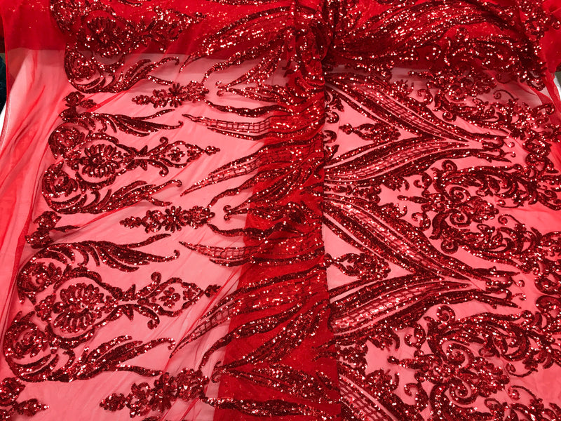 Red empire design with sequins embroider on a 2 way stretch mesh fabric-prom-nightgown-decorations-sold by the yard.