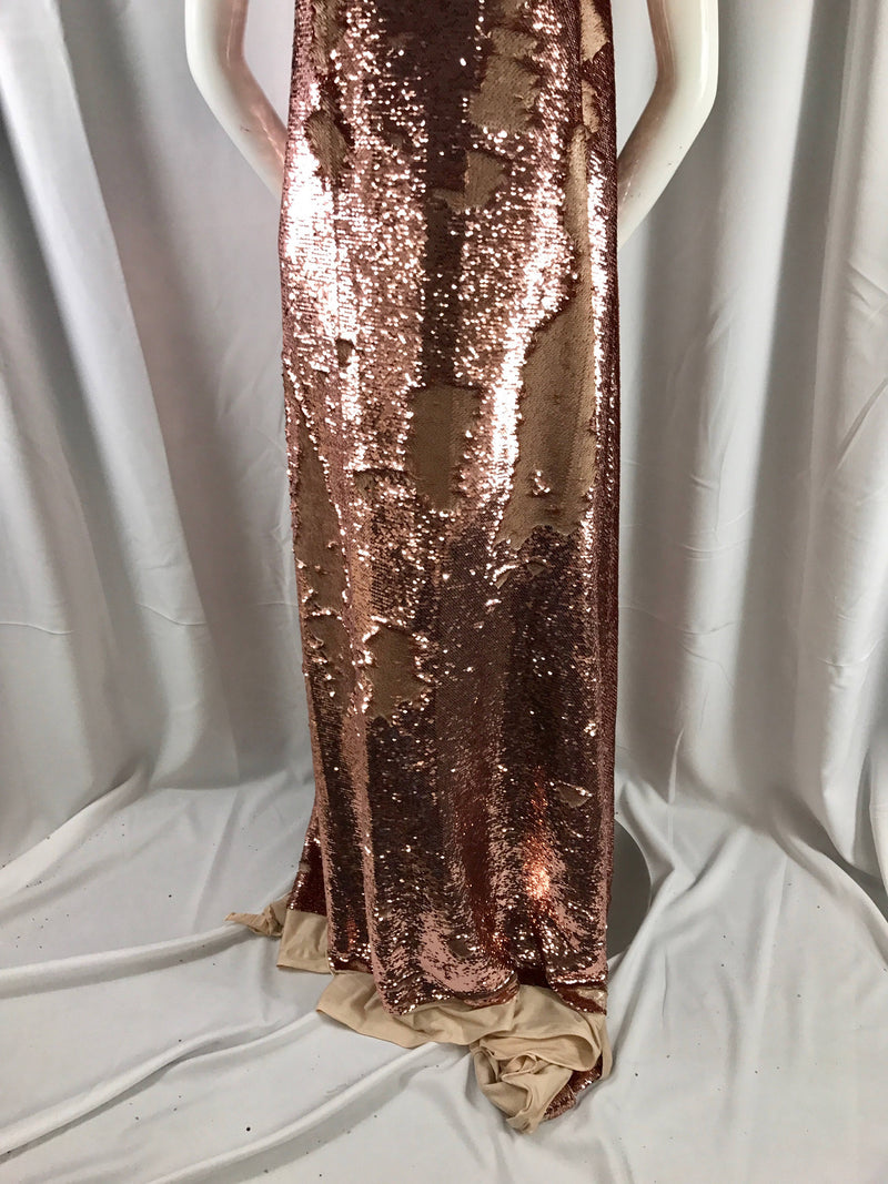 Matte dusty rose / light gold mermaid fish scale 2 way stretch flip up sequins-apparel-decorations-fashion-dresses-sold by the yard.