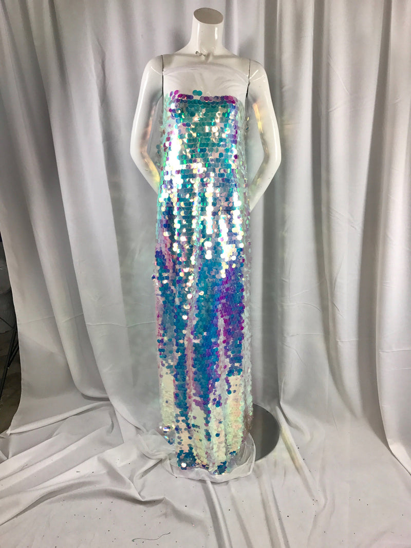 Clear round hologram iridescent mermaid fish scales on a white mesh-prom-decorations-nightgown-dresses-craft-sold by the yard.