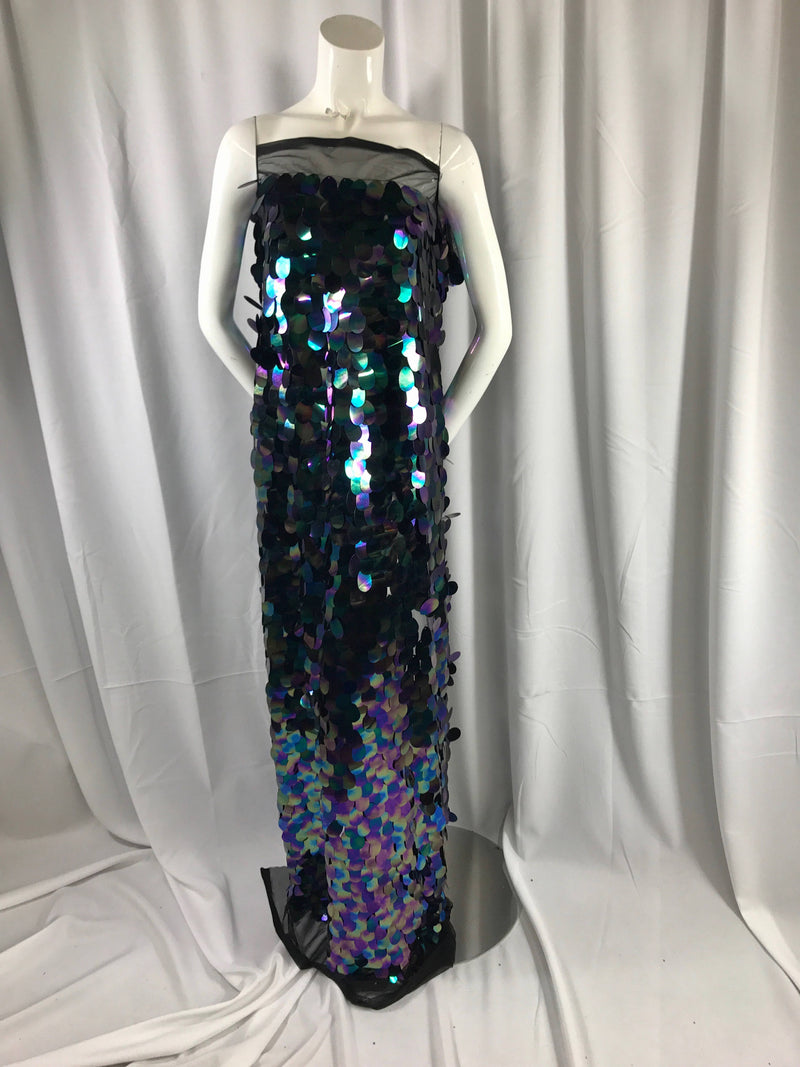 Black hologram iridescent mermaid fish scales on a black mesh-sequins-prom-decorations-nightgown-dresses-sold by the yard.