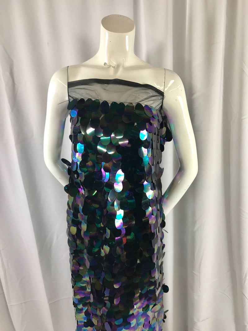 Black hologram iridescent mermaid fish scales on a black mesh-sequins-prom-decorations-nightgown-dresses-sold by the yard.