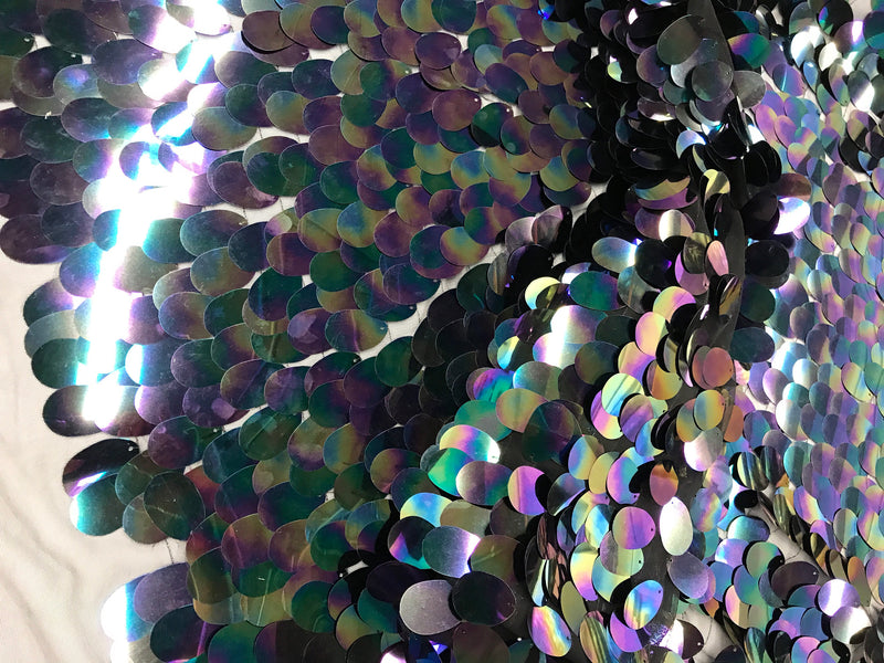 Black hologram iridescent mermaid fish scales on a black mesh-sequins-prom-decorations-nightgown-dresses-sold by the yard.