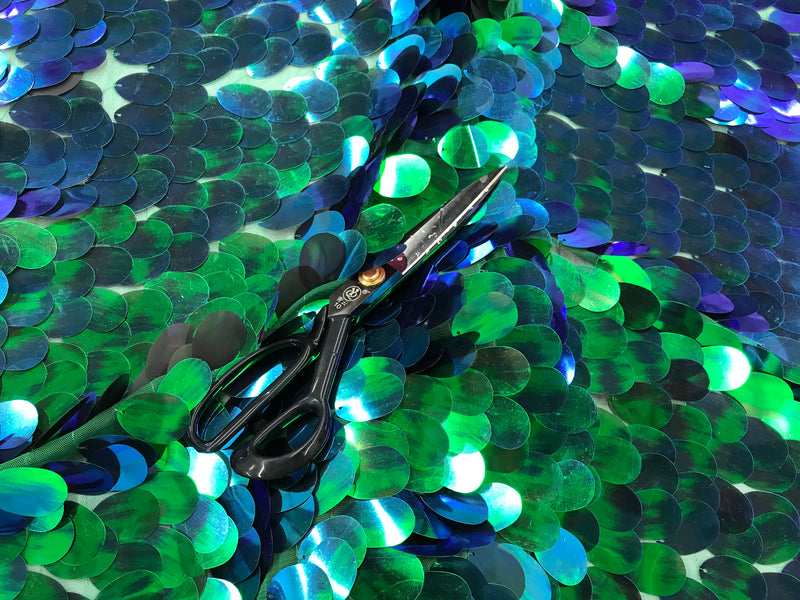 Green hologram iridescent mermaid fish scales on a green mesh-prom-decorations-dresses-sequins-nightgown-craft-sold by the yard.