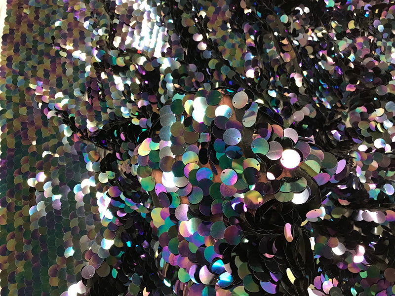 Black round hologram iridescent mermaid fish scales on a black mesh-prom-nightgown-decorations-dresses-craft-sold by the yard.