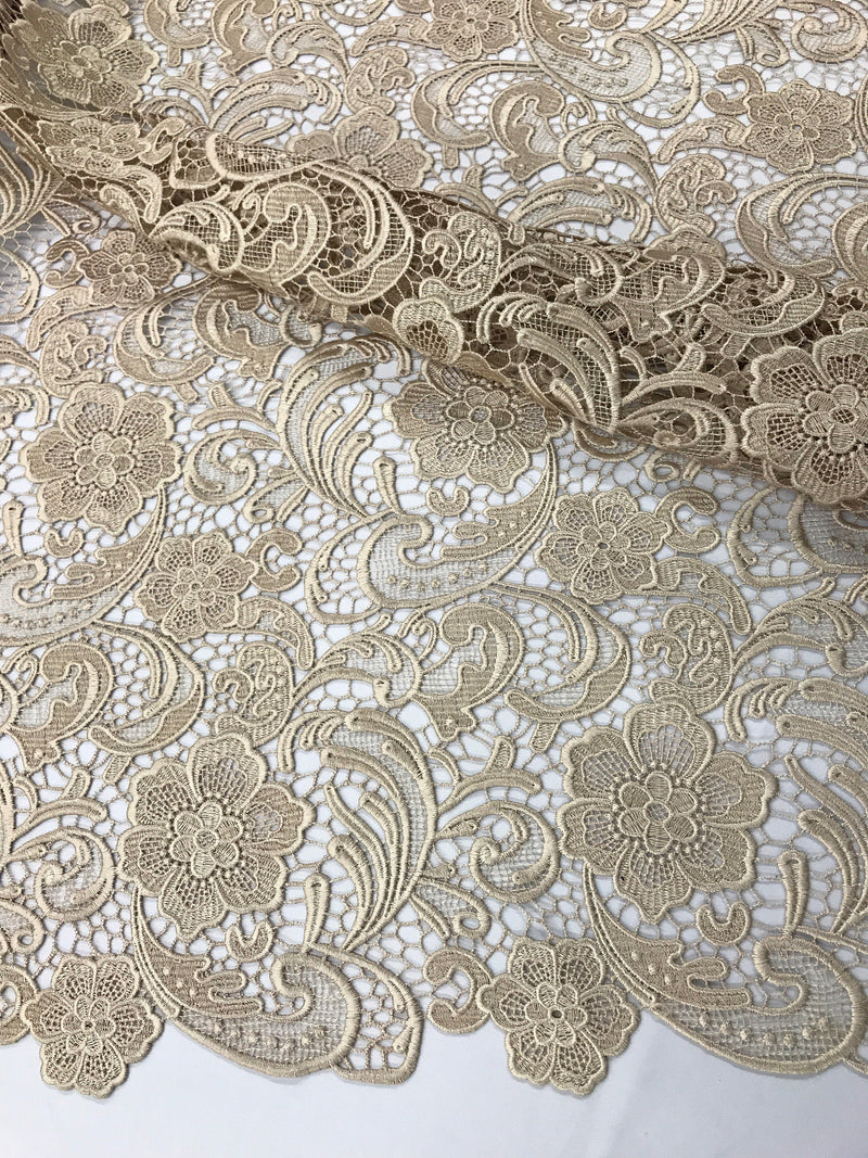 Champagne classy flower guipure lace-prom-nightgown-decorations-apparel-fashion-dresses-sold by the yard.