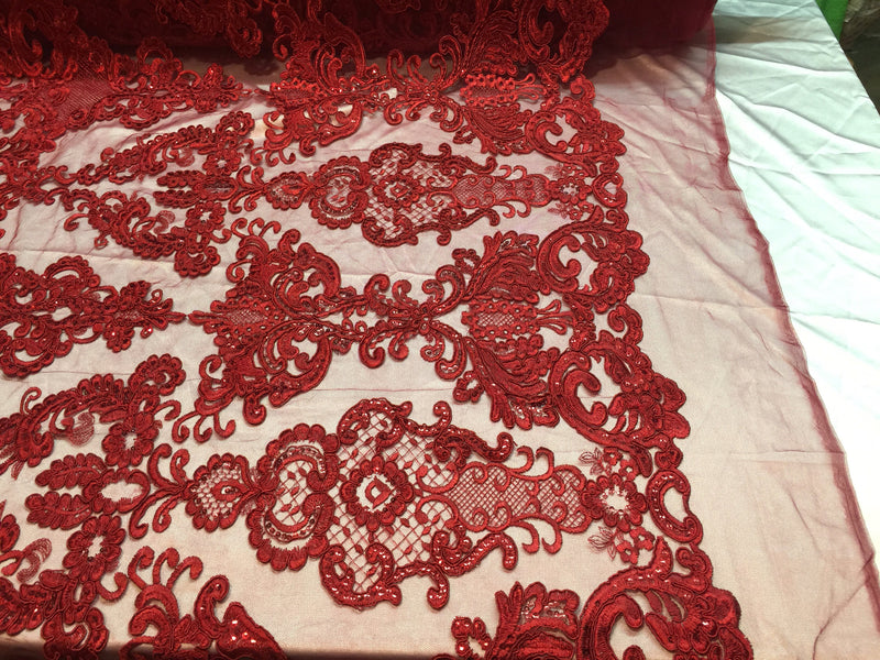 Dark Red damask pattern Embroidery with shiny sequins and Corded on a mesh lace-apparel-fashion-decorations-dresses-nightgown-sold by the ya