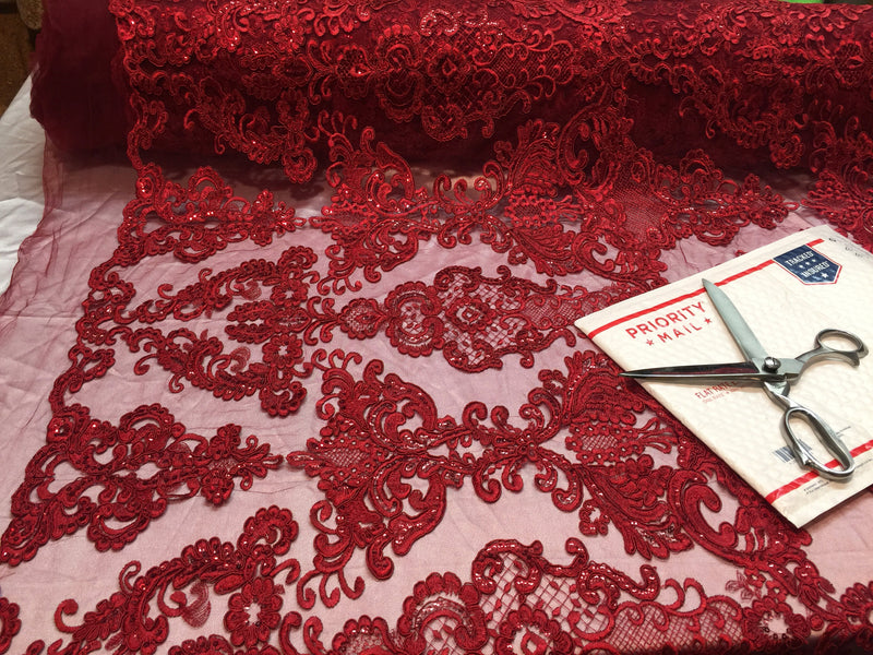 Dark Red damask pattern Embroidery with shiny sequins and Corded on a mesh lace-apparel-fashion-decorations-dresses-nightgown-sold by the ya