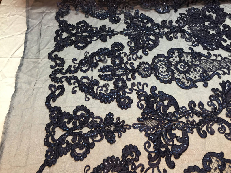 Navy Blue Damask pattern Embroidery With shiny sequins and Corded on a mesh lace-apparel-fashion-decorations-dresses-sold by the yard.