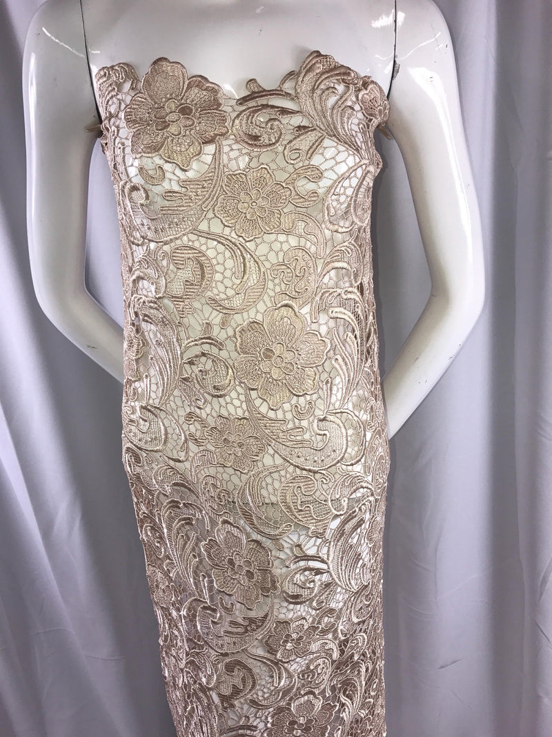 Champagne classy flower guipure lace-prom-nightgown-decorations-apparel-fashion-dresses-sold by the yard.