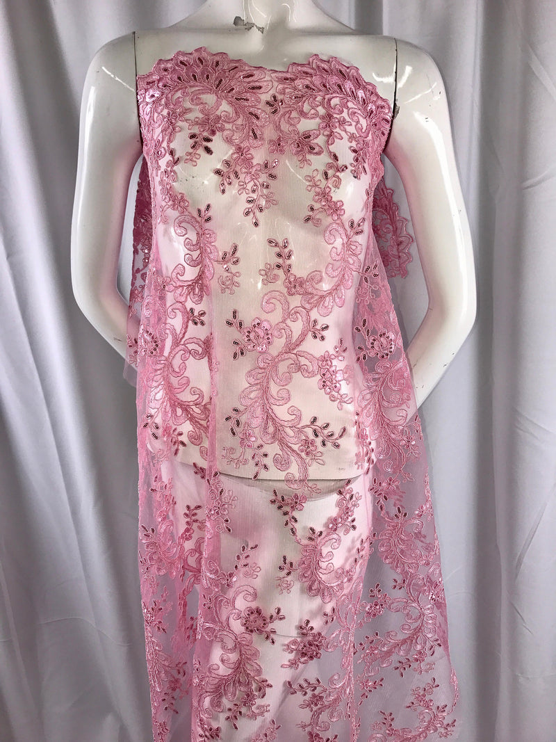 Pink corded french design-embroider with sequins on a mesh lace fabric-prom-nightgown-decorations-dresses-sold by the yard-