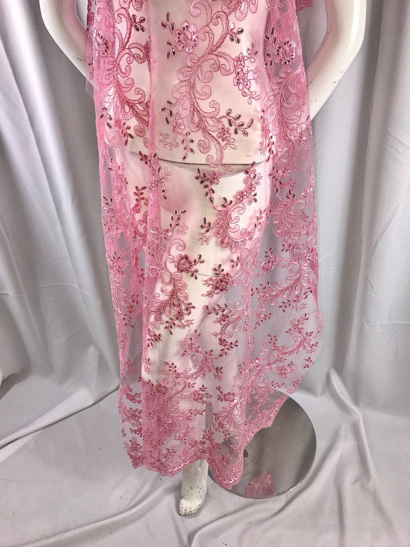 Pink corded french design-embroider with sequins on a mesh lace fabric-prom-nightgown-decorations-dresses-sold by the yard-