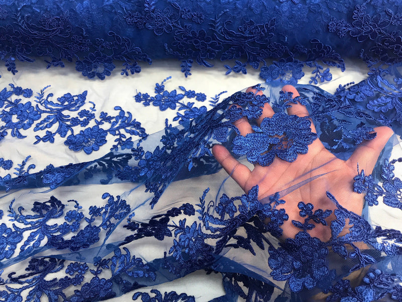 Royal Blue floral design embroider and corded on a mesh lace-fashion-decorations-nightgown-prom-sold by the yard.