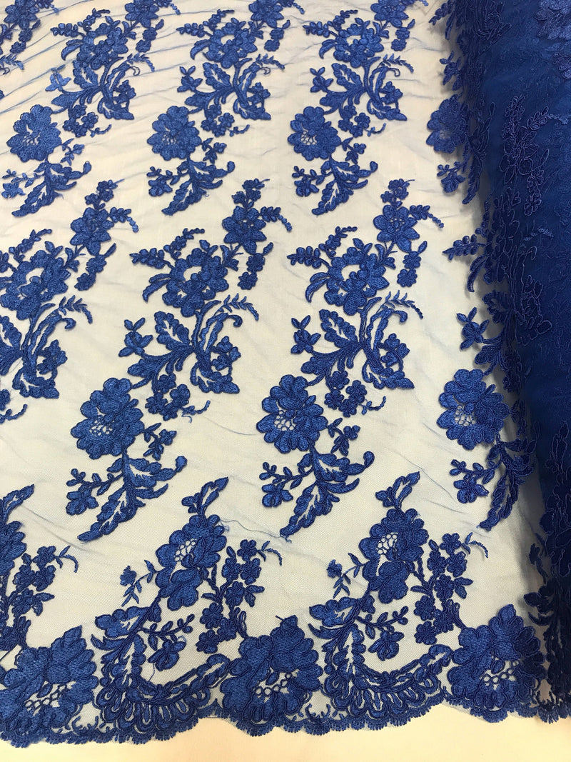 Royal Blue floral design embroider and corded on a mesh lace-fashion-decorations-nightgown-prom-sold by the yard.