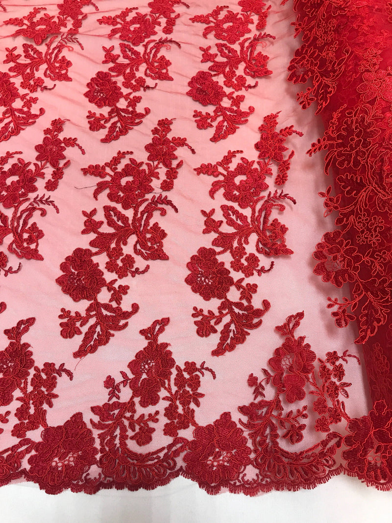 Red floral design embroider and corded on a mesh lace fabric-fashion-decorations-nightgown-prom-sold by the yard.