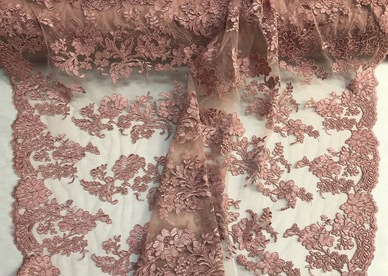 Dusty rose floral design embroider and corded on a mesh lace fabric-fashion-decorations-nightgown-prom-sold by the yard.