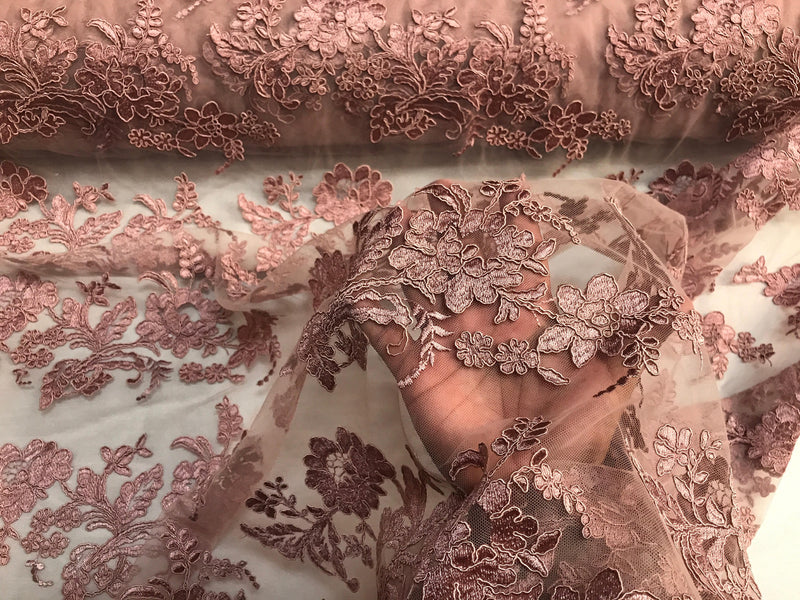 Dusty rose floral design embroider and corded on a mesh lace fabric-fashion-decorations-nightgown-prom-sold by the yard.