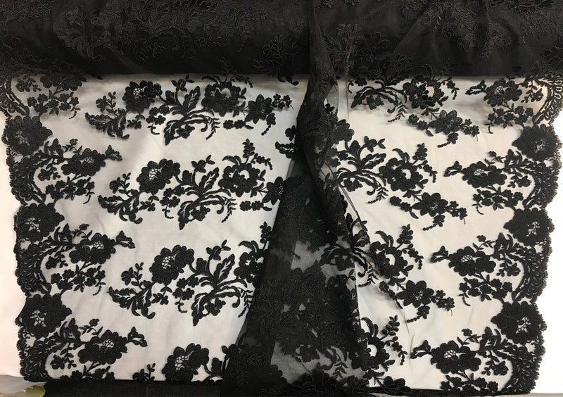 Black floral design embroider and corded on a mesh lace fabric-fashion-decorations-nightgown-prom-apparel-dresses-sold by the yard.