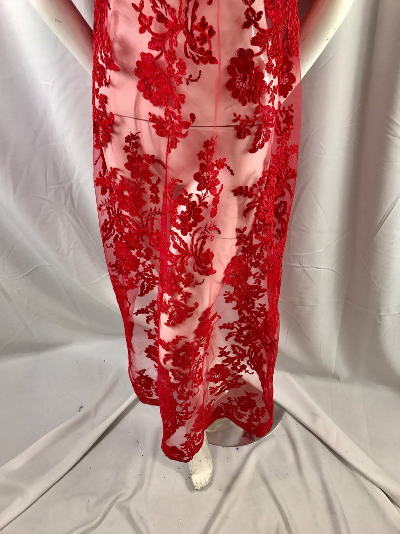 Red floral design embroider and corded on a mesh lace fabric-fashion-decorations-nightgown-prom-sold by the yard.