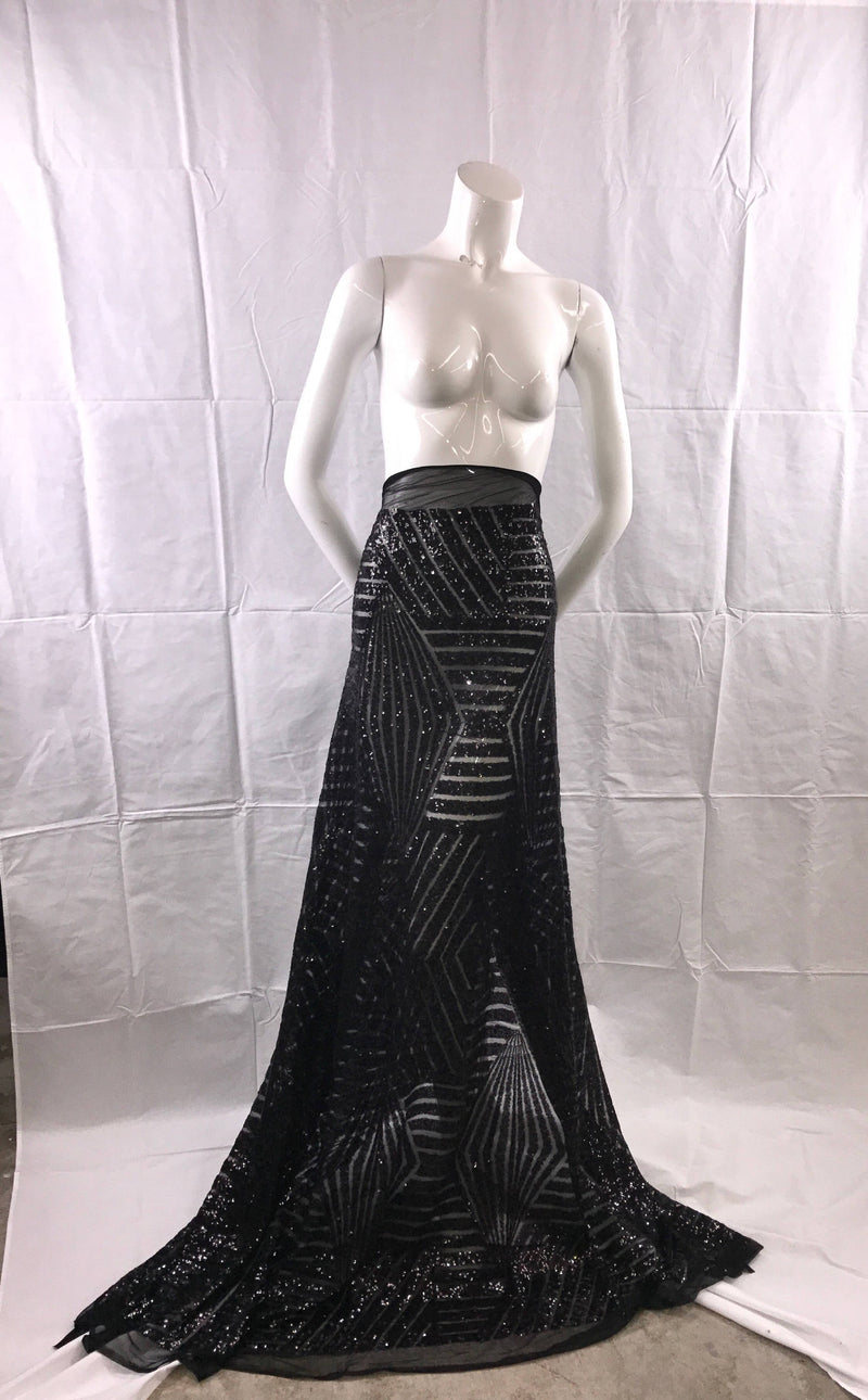 Black geometric sequins design embroider on a black mesh. Wedding/Bridal/Prom/Nightgown fabric. Sold by the yard.