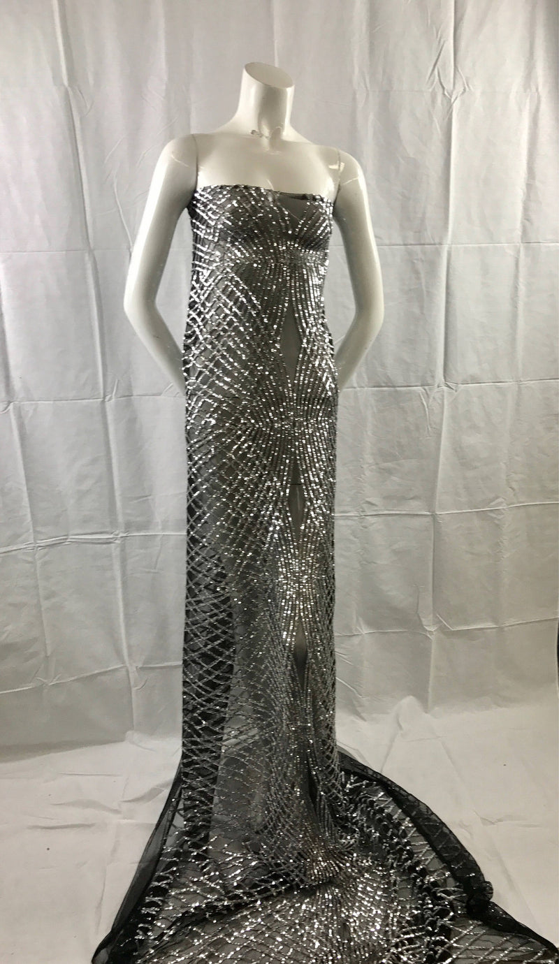 Silver venom diamond web-embroider with sequins on a black mesh lace fabric-wedding-bridal-prom-nightgown fabric-sold by the yard.