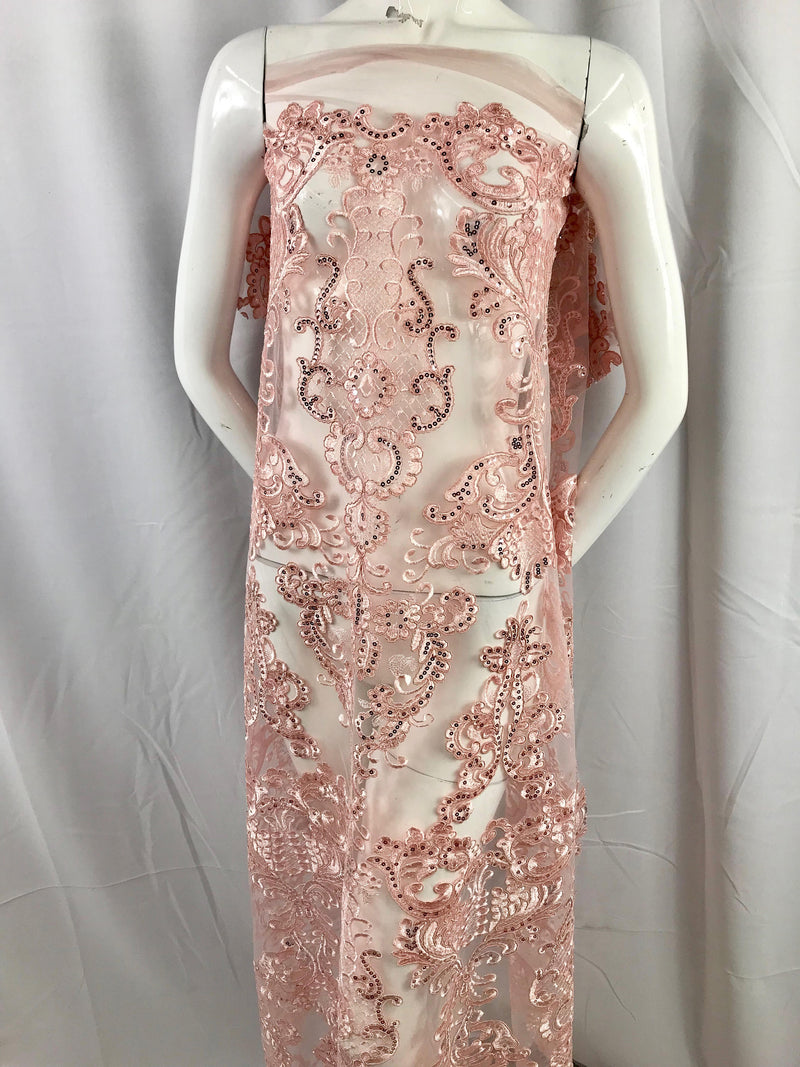 Pink damask pattern Embroidery with shiny sequins and Corded on a mesh lace-nightgown-apparel-fashion-decorations-dresses-sold by the yard.