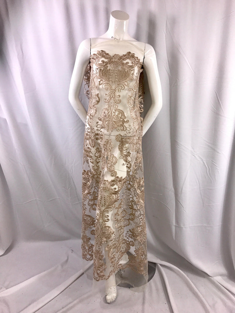 Taupe Damask pattern Embroidery with shiny sequins and Corded on a mesh lace-dresses-fashion-decorations-apparel nightgown-sold by the yard.