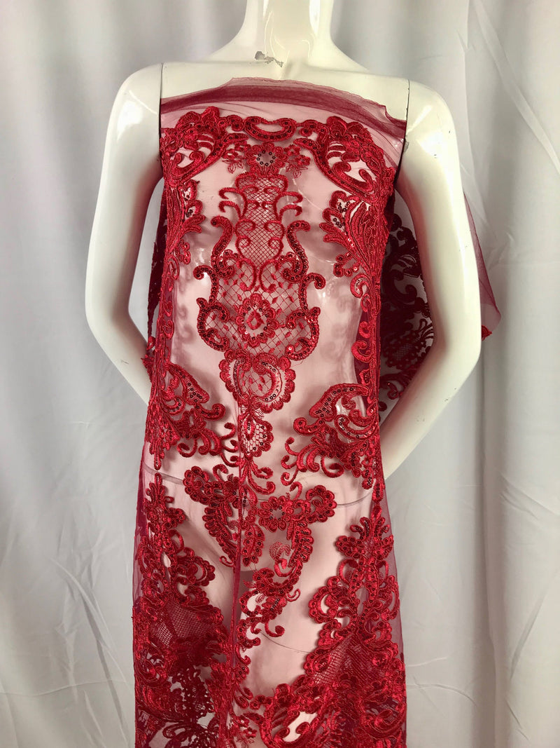 Dark Red damask pattern Embroidery with shiny sequins and Corded on a mesh lace-apparel-fashion-decorations-dresses-nightgown-sold by the ya