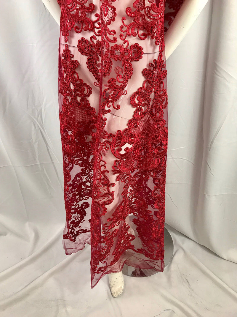 Dark Red damask pattern Embroidery with shiny sequins and Corded on a mesh lace-apparel-fashion-decorations-dresses-nightgown-sold by the ya