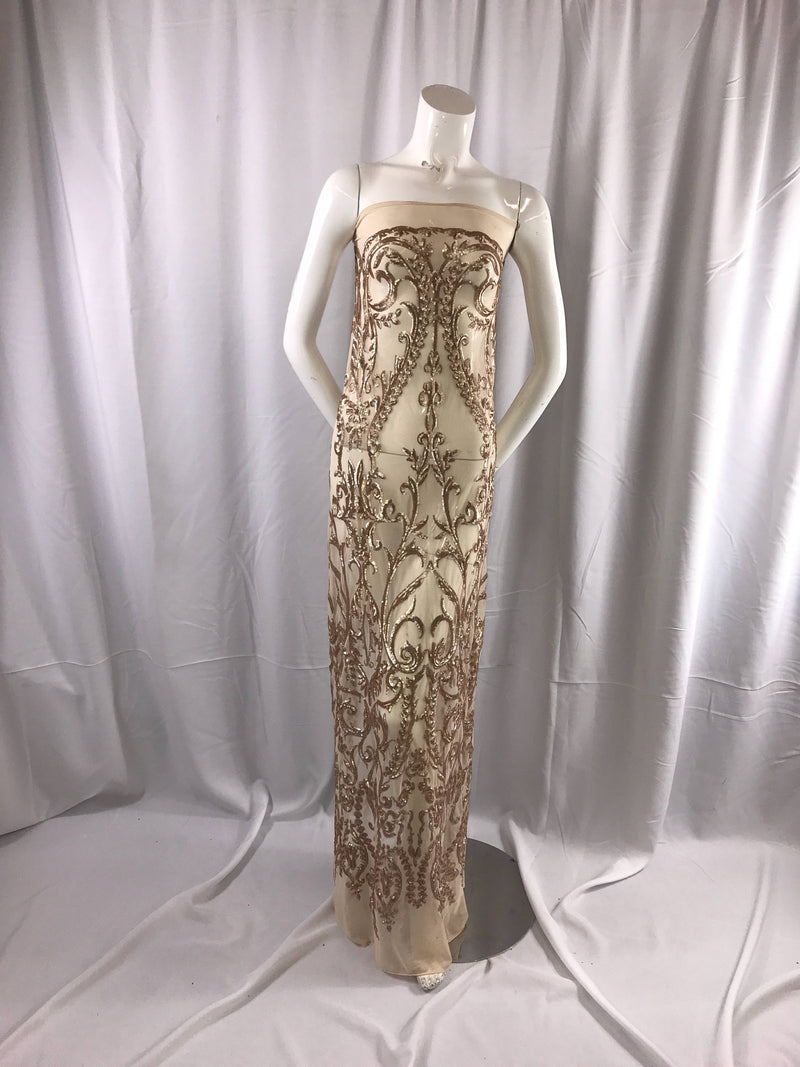 Matte champagne damask design embroider with sequins on a 2 way stretch mesh-prom-nightgown-decorations-dresses-sold by the yard.