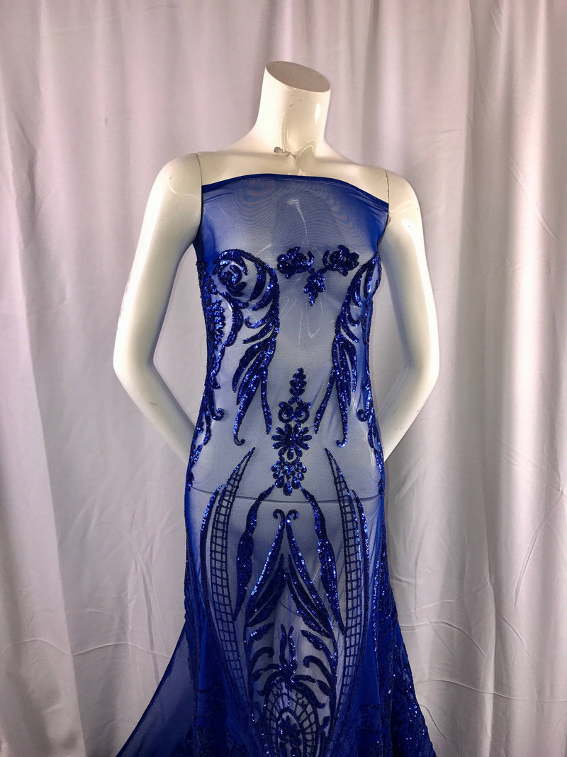 Royal blue empire design with sequins embroider on a 2 way stretch mesh fabric-prom-nightgown-decorations-dresses-sold by the yard.