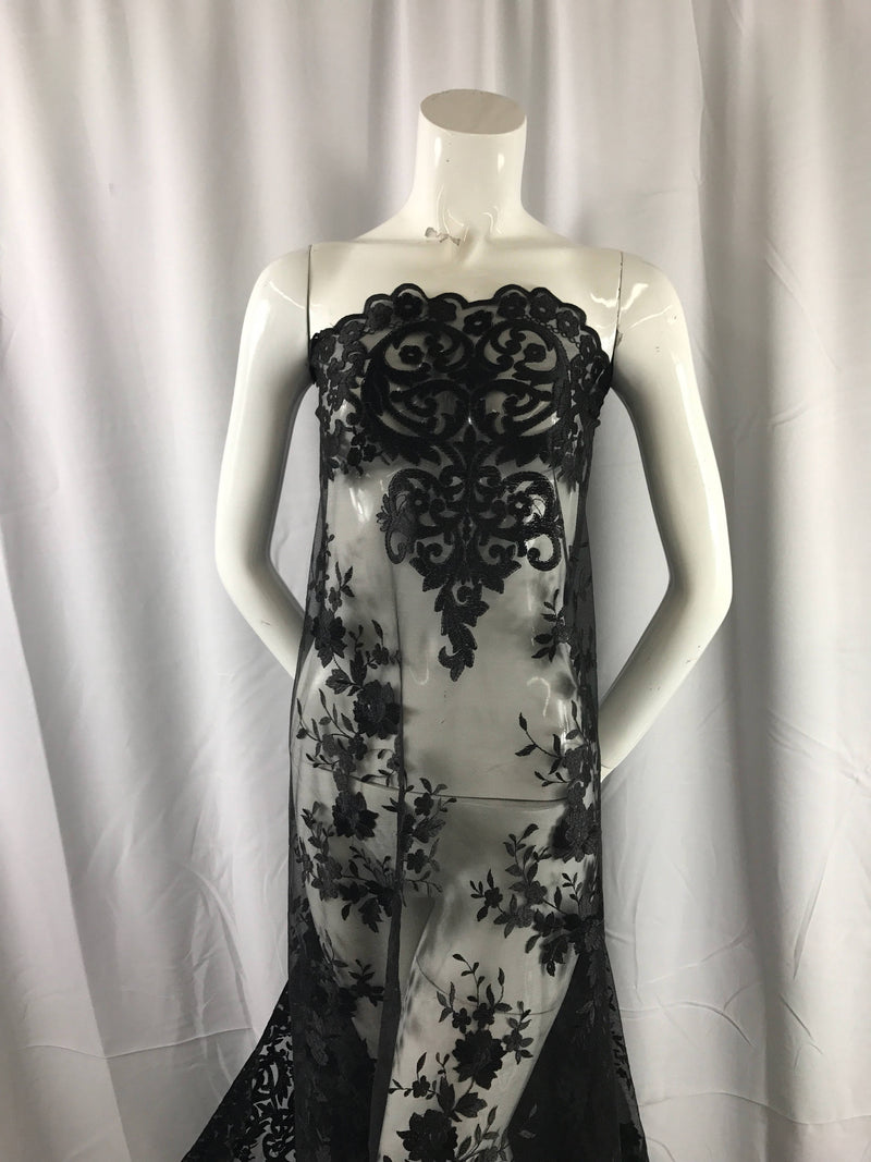 Black flowers embroider on a 2 way stretch mesh lace. Wedding/bridal/Prom/Nightgown fabric-dresses-fashion-apparel-Sold by the yard.