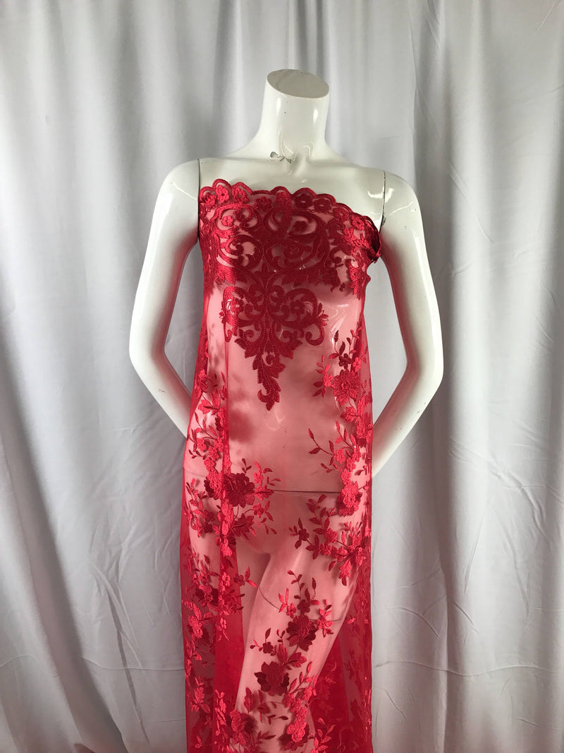 Red flowers enbroider on a 2 way stretch mesh lace.wedding/Bridal/Prom/Nightgown fabric-apparel-fashion-dresses-Sold by the yard.