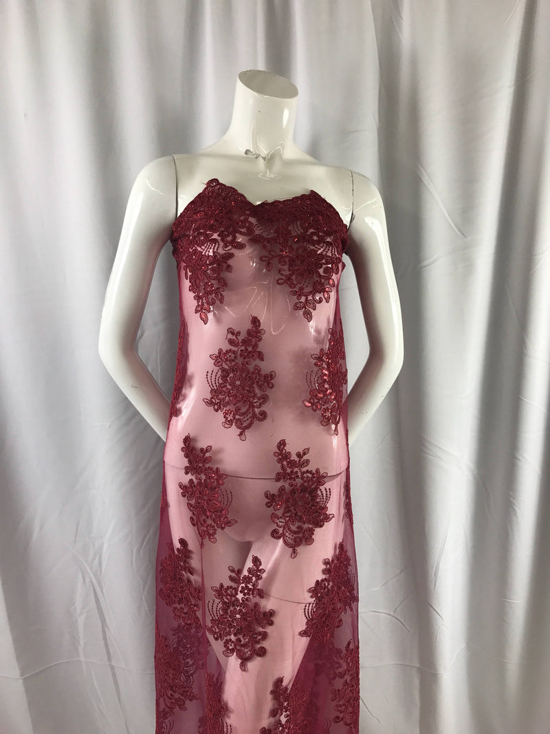 Burgundy flower lace corded and embroider with sequins on a mesh. Wedding/bridal/prom/nightgown fabric-apparel-fashion-Sold by the yard.