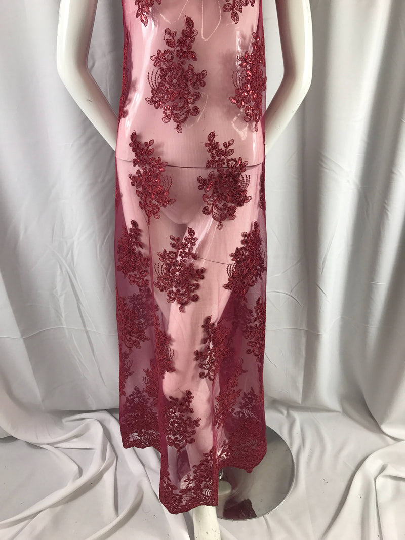 Burgundy flower lace corded and embroider with sequins on a mesh. Wedding/bridal/prom/nightgown fabric-apparel-fashion-Sold by the yard.