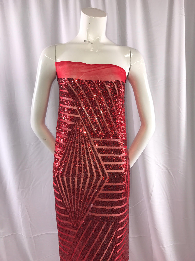 Red geometric sequins design embroider on a red 2 way stretch mesh-wedding-bridal-prom-nightgown-dresses-dresses-apparel-Sold by the yard.